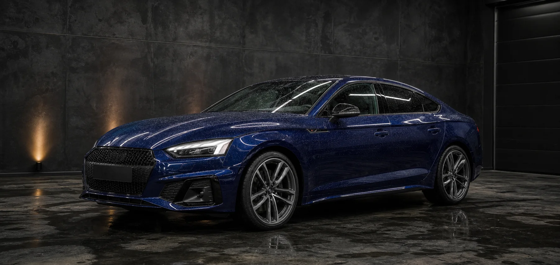 Deep-blue sportback with fine water beads across its protected paint